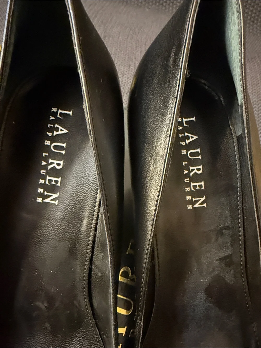 Lauren Ralph Lauren Black Leather Low Heel Pumps with Gold Accent